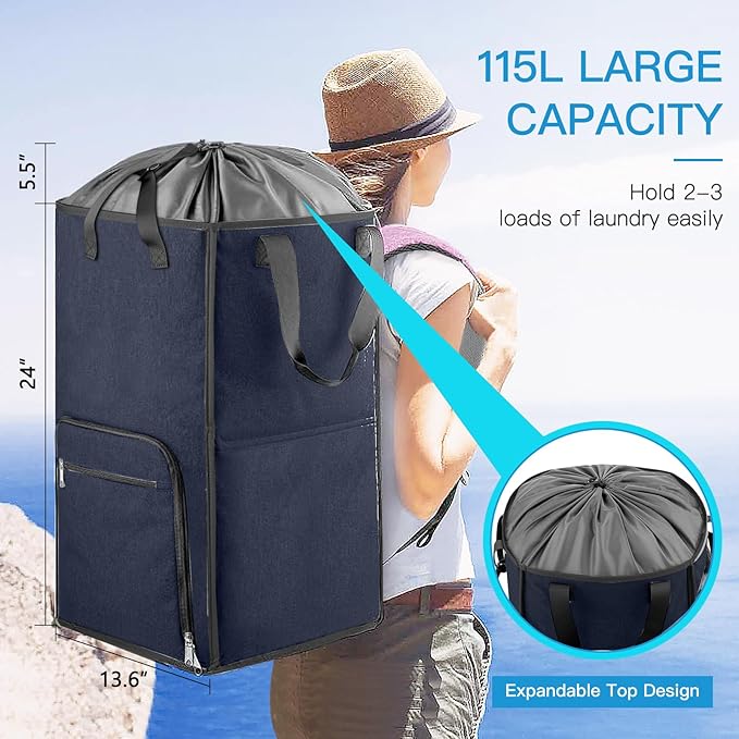 Bukere Laundry Basket, Laundry Backpack Bag for Guys Girls Boys, 2 in 1 Laundry Hamper for College Dorm Room Essentials, Adjustable Shoulder Straps, Freestanding Laundry Bag for Laundry Room, RV