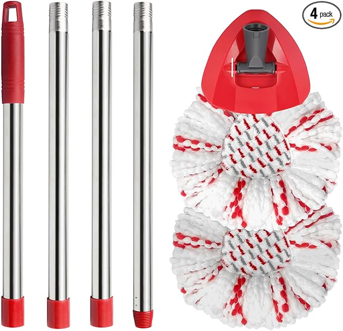 Spin Mop Replacement Head, Base, Handle Compatible with Ocedar Mop Set EasyWring 1-Tank Microfiber Spin Mop, 2 Refills Replacement Heads, 30-58in Handle and 1 Base Combo Set