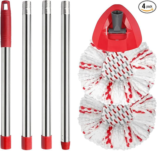 Spin Mop Replacement Head, Base, Handle Compatible with Ocedar Mop Set EasyWring 1-Tank Microfiber Spin Mop, 2 Refills Replacement Heads, 30-58in Handle and 1 Base Combo Set