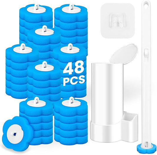 KOKL Disposable Toilet Brush, Toilte Wand Kit, Toilet Brush and Holder with 48 Refills, Toilet Bowl Brush, Toilet Bowl Cleaning Wands, Toilet Cleaning System for Bathroom Maintenance