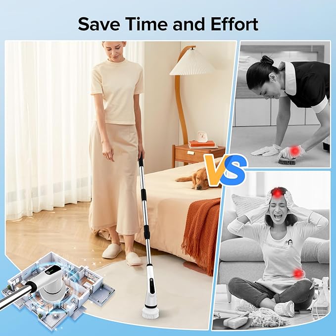 Electric Spin Scrubber, Dreazu IPX7 Bathroom Scrubber with 7 Replaceable Brush Heads & Retractable Handle, 2-Speed Adjustable Shower Cleaner Brush for Bathroom, Bathtub, Kitchen, Tile Floors