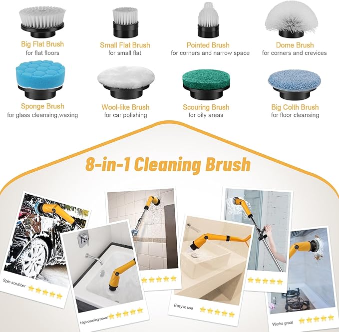 Qimedo 1500 RPM Electric Spin Scrubber with Two Batteries Q2 Pro, Cordless Battery Powered Shower Scrubber,Electric Tile Floor Scrubber with Display for Grout/Tile/Tub (Effortless Handle/8 Brushes)