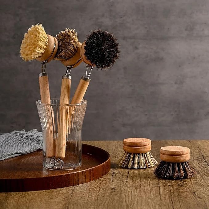 Bamboo Dish Brush with Handle, 1 Sturdy Wooden Handle with 3 Natural Bristle Heads, Horsehair, Sisal, Palm - All Purpose Kitchen Scrubber, Bamboo Wok Brush, Fruit and Veggie Scrubber