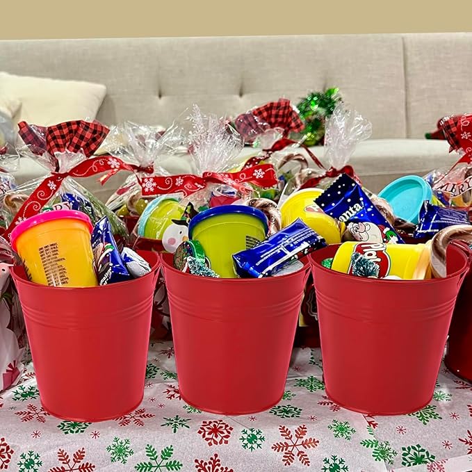 20 Pack 4 Inch Red Mini Metal Bucket, Elegant Galvanized Buckets with Handles, Tin Buckets, Small Iron Bucket, Mini Metal Pail for Party Favors, Crafts, Garden & Beach
