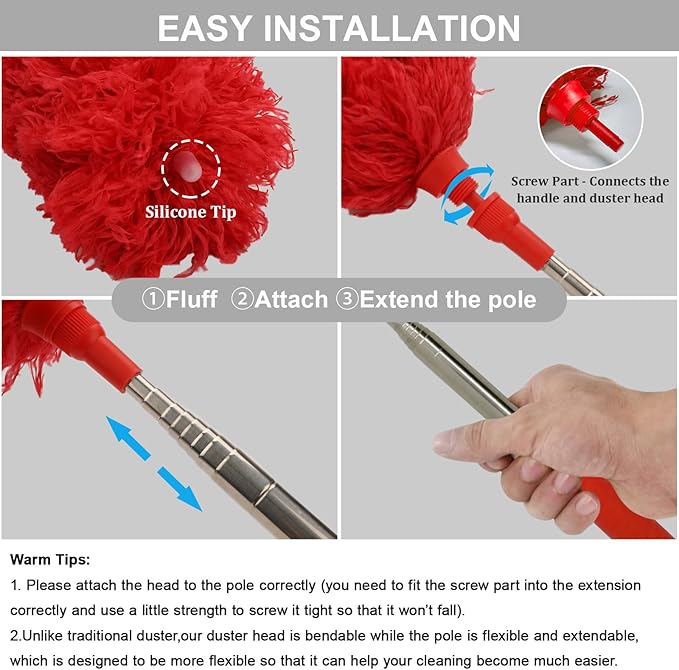 DELUX Microfiber Feather Duster Extendable Cobweb Duster with 100 inches Extra Long Pole, Bendable Head & Scratch-Resistant Hat for Cleaning Ceiling Fan, High Ceiling, Blinds, Furniture & Cars Red