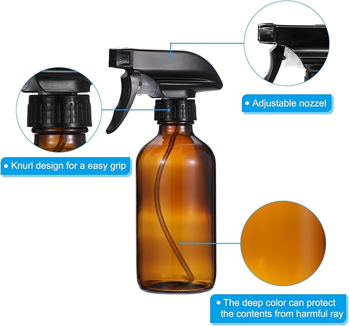 PATIKIL 8oz Brown Glass Spray Bottle, 2pcs Black Nozzle Leak Proof Empty Water Mist Stream Sprayer for Cleaning Solutions Plants Hair