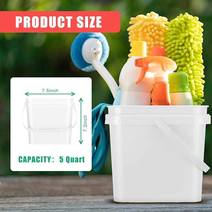4 Pcs Plastic Bucket 5 Quart Square Bucket Utility Small Pail with Handle Sturdy Pail Organizer for House Cleaning Storage Livestock Feeding Car Washing Food Storage, No Lids(White)