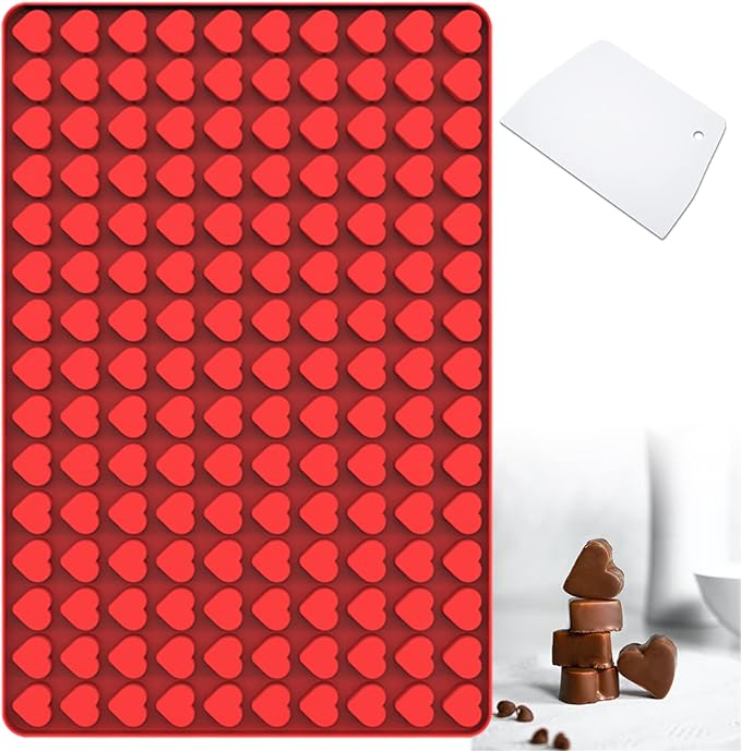Mini Heart Silicone Mold, 150 Cavities Heart Shape Chocolate Molds for Homemade Candy/Fondant/Gummy/Jelly, Food Grade Hearts Mold for Fruit Snack/Pet Treats/Snacks Biscuits (with a Scraper)