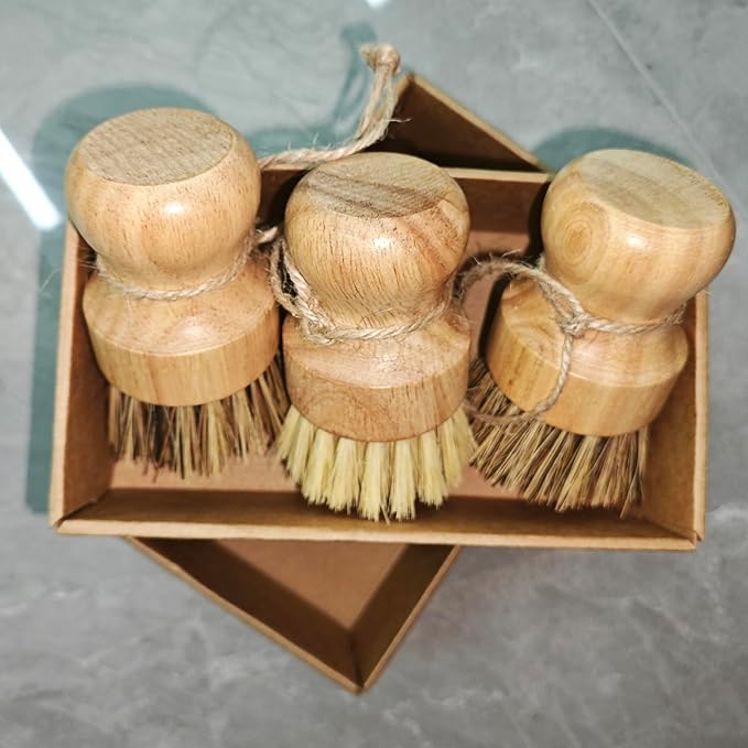 3 Pack Wood Dish Brush Set, Wood Scrub Brush for Dishes with Natural Sisal Bristles for Cleaning Pots, Pans and Vegetables