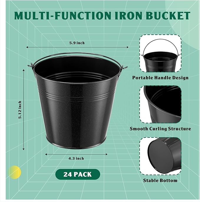 Rtteri 24 Pcs Small Metal Buckets with Handle Mini Buckets Bulk for Easter Party Favors Classroom Pencil Holder Flower Pot Plant Basket for Crafts DIY Projects, 6 x 5 Inch(Black)