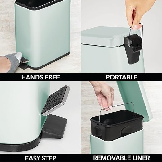 mDesign Small Modern 1.3 Gallon Rectangle Metal Lidded Step Trash Can, Compact Garbage Bin with Removable Liner Bucket and Handle for Bathroom, Kitchen, Craft Room, Office, Garage - Light Mint Green