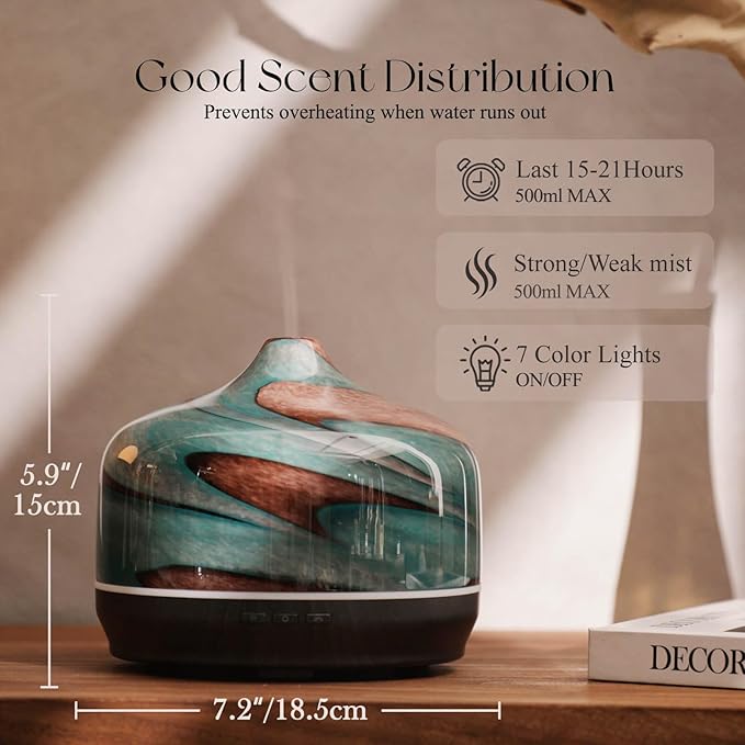 Porseme 500ml Glass Essential Oil Diffuser Aromatherapy Ultrasonic Cool Mist Humidifier 15-21 Running Hours Waterless Auto-Off Air Diffusers for Sleeping Yoga Office Working Spa and Rest (Teal Green)