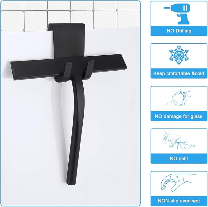 Shower Squeegee,Matte Black 9-inch,Stainless Steel Core. Streak-Free Cleaning, No Squeak Noises,Silicone Rubber Squeegees for Shower Glass Door, Shower Cleaner,Glass Wiper