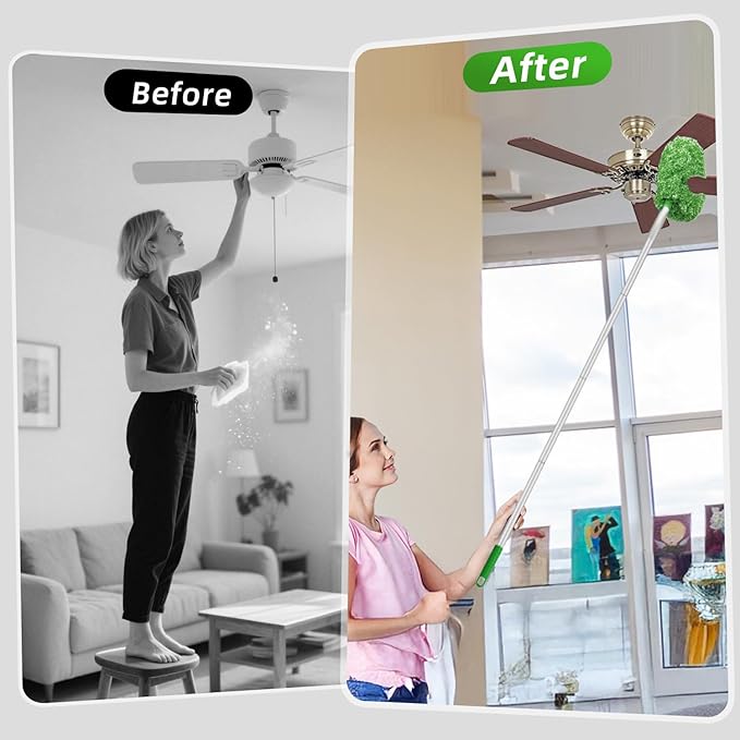 DRQ Ceiling Fan Cleaner Duster, 2 Pack Reusable Microfiber Duster with Extension Pole, 13 to 50 Inch Fan Blade Cleaner, Removable Dusters for Cleaning Walls Bookshelves Door Window Top (Green)