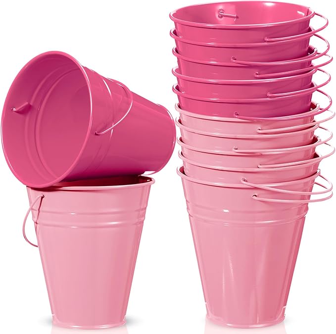 Sadnyy 12 Pack Metal Buckets with Handle, Galvanized Bucket 4.5 x 5 Inch Basket Bucket Party Supplies, Crafts for Christmas Halloween Candy Bars Vase Crafts(Pink)