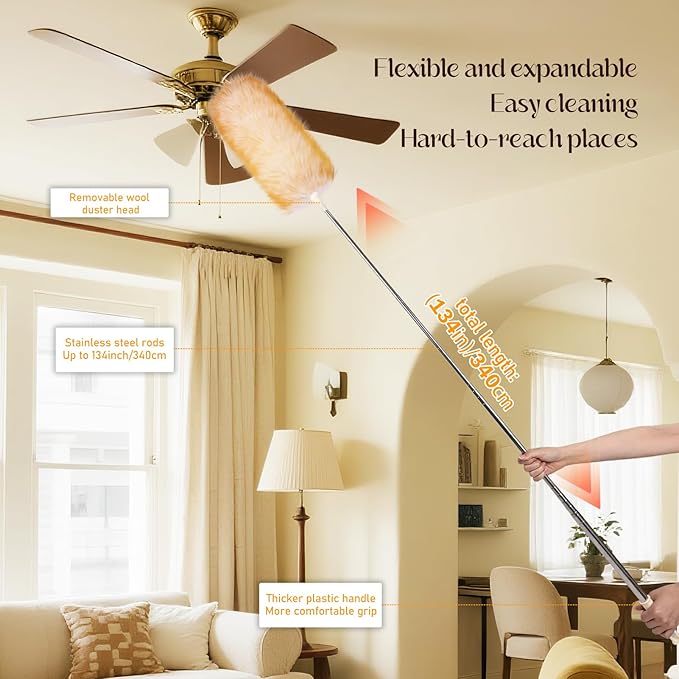 Extendable Lambswool Duster Stainless Steel Handle 133" Removable Feather Duster for Cleaning Ceiling Fans Interior Roof Furniture, Yellow