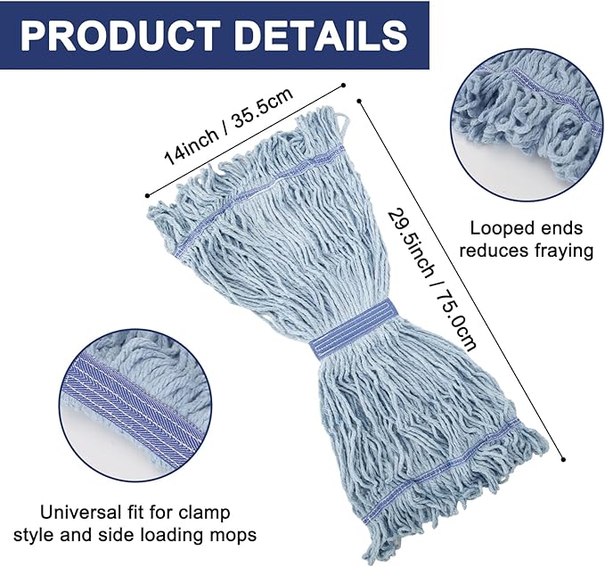KeFanta 3 Pack Heavy Duty Commercial Mop Head Replacement,Looped End String Cotton Mop Heads,Industrial Wet Mops Refill for Floor Cleaning(Blue)