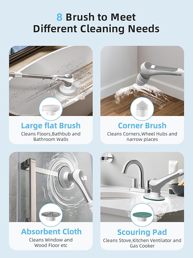 Electric Spin Scrubber,Cordless Shower Scrubber with Power Display Screen,IP68 Waterproof Bath Cleaning Brush,Adjustable Extension Handle & 2 Speeds,Electric Cleaning Brush for Bathroom,Kitchen,Tub