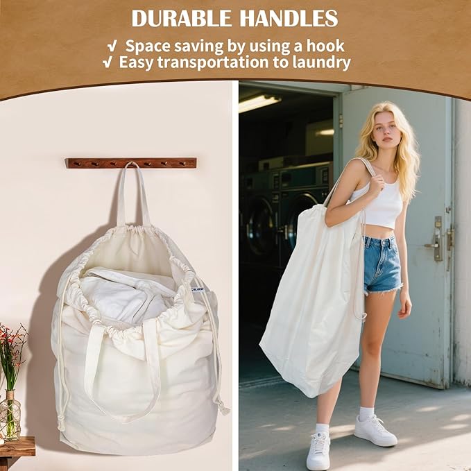 Canvas Laundry Bags with Handles & Rectangular Base, 90L Extra Large Heavy Duty Laundry Basket Hamper Liner Replacement, Washable Cotton Drawstring Dirty Clothes Bag