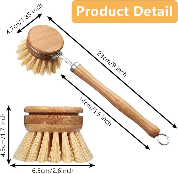 Patelai 8 Pieces Wooden Kitchen Dish Brush Include Bamboo Scrub Cleaning Brush and Replacement Heads Dish Scrubber for Kitchen Room Cleaning Supplies