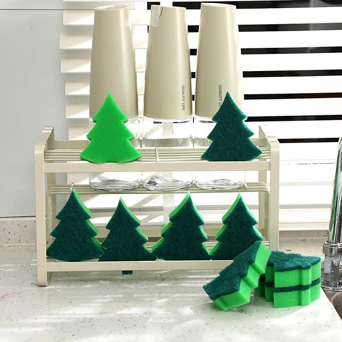 Tioncy 12 Pack Christmas Tree Kitchen Sponges Bulk Dual Sided Scrubber Sponges Dishwashing Non Scratch for Kitchen Accessories Dish Scouring, Green