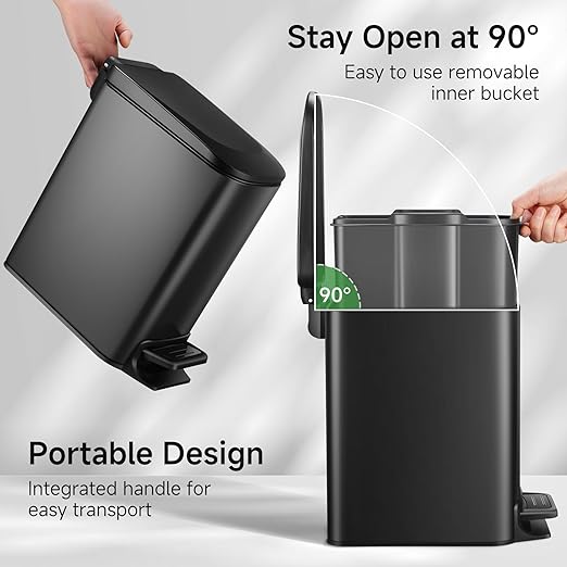 TIPGO Slim Bathroom Trash Can with Lid Soft Close, Step Pedal, 6 Liter / 1.6 Gallon Stainless Steel Trash Bin, Small Garbage Cans for Bedroom, Office, Kitchen (Matte Black)