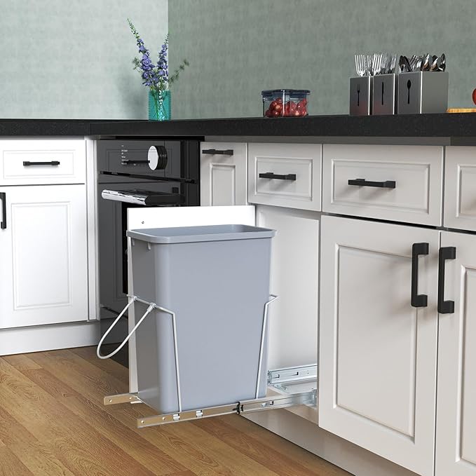 Single Pull-Out Trash Can, 35QT Under-Cabinet Kitchen Bin, Metal Frame, Grey, Fits Above 14” Opening Cabinets