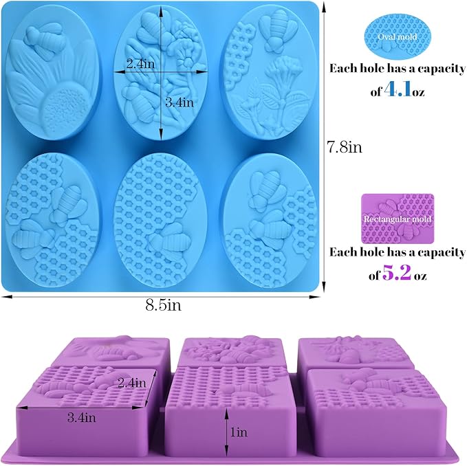 Sakolla 2 Pack 6 Cavity Bee Silicone Soap Molds Rectangle Oval Honeycomb Silicone Molds Loaf Handmade Molds for Soap Making Supplies DIY Wax Melts, Beeswax, Cake Chocolate Bakeware