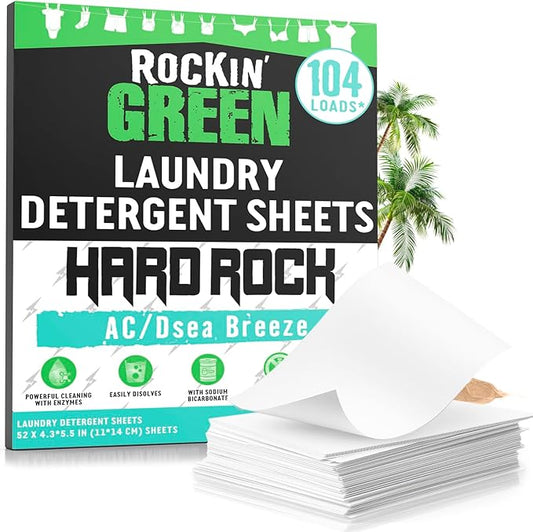 Rockin' Green Hard Rock Travel Laundry Detergent Sheets for Hard Water - Mess-Free Laundry Sheet Detergent with Sodium Bicarbonate - Easily Dissolvable Laundry Soap Sheets (104 Loads, AC/DSea Breeze)