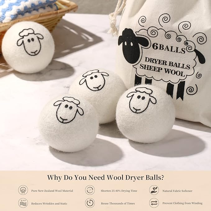 Dryer Balls Laundry Reusable, XL Wool Dryer Balls Cute, Fabric Softener Ball, Extra Large Dryer Balls with Animal Pattern, Shorten Drying Time, Organic Wool - Dry 1000+ Loads (6 Pack Sheep Pattern)