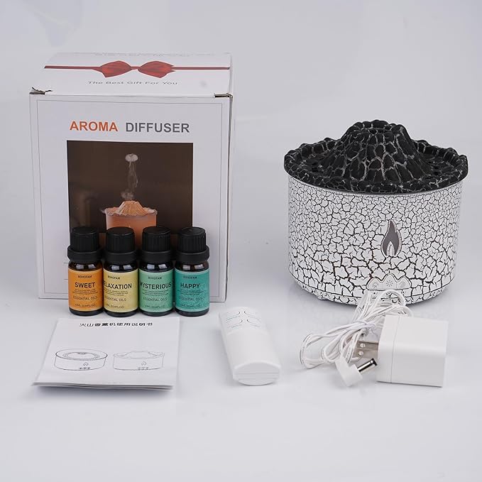 BOHOFAM Essential Oil Diffuser 360ML,Volcano and Flame Diffuser/Humidifier 2 Mode,Diffusers for Home with 7 Colorful Light,Included 4 Hotel Collection Diffuser Oil for Bedroom(White Translucent)