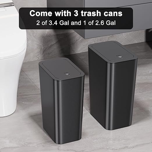 N. NETDOT Bathroom Trash Can with Lid 3 Pack Set, 2 Packs 4 Gal Slim Kitchen Trash Bin and 1 Pack 2.6Gal Garbage Can, Small Trash Can/Trash Bin/Waste Basket for Bedroom (Black, Pack of 3)
