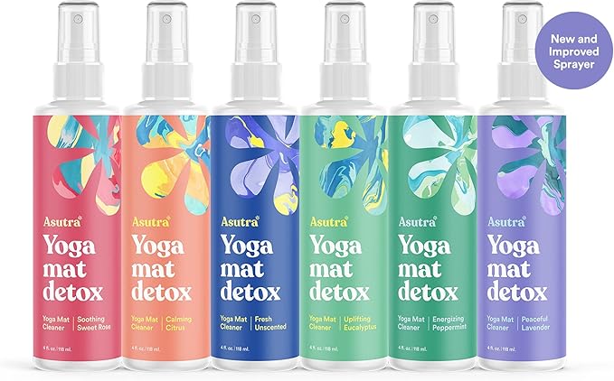 ASUTRA Yoga Mat Cleaner Spray Variety Pack (All Scents), 4 fl oz (Pack of 6) - No Slippery Residue, Organic Essential Oils, Deep-Cleansing for Fitness Gear & Gym Equipment, Microfiber Towels Included