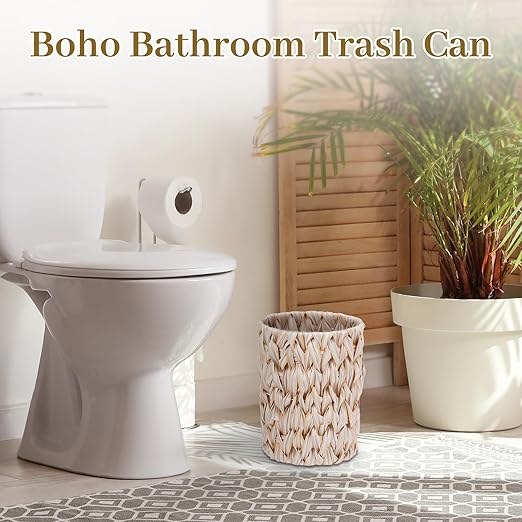 Boho Wicker Trash Can with Lid,Waterproof Bathroom Trash Can Hand Woven Wicker Waste Baskets for Kitchen Office Bedroom