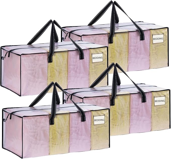 VENO 4 Pack Moving Bags Extra Large Storage Bags for College Move-In, Heavy-Duty Storage Totes, Packing Boxes, and Wardrobe Moving Supplies - Durable Laundry Bags for Clothes (Clear, 4 Pack)