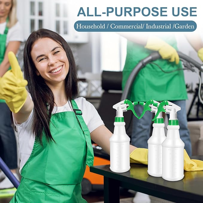 Zubebe 24 Pack 32 oz Plastic Spray Bottle Bulk Empty Leakproof Heavy Duty Spray Bottles for Cleaning Supplies Mist Bottles with Label and Adjustable Nozzle for Plant(Green,Clear Scale)