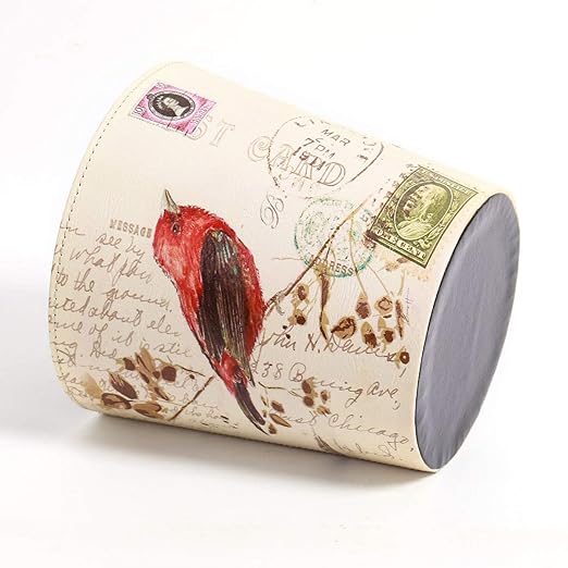 PU Leather Small Trash Can Wastebasket, Round Garbage Container Basket for Bathrooms, Laundry Room, Kitchens, Offices, Kids Rooms, Bedrooms,Dorms,Home Decorative Art Bin, 2.9 Gallon(Bird Design)
