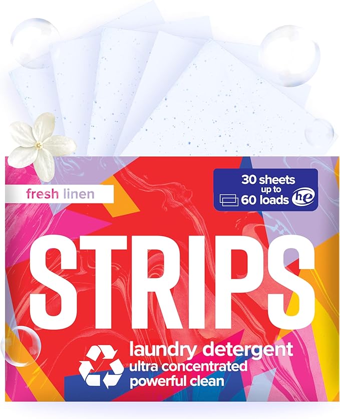 STRIPS Laundry Detergent Sheets Fresh Linen Scented (30ct, 60 loads) Eco Liquidless Soap, Travel-Friendly, Dissolves in Hot & Cold, Hypoallergenic, Tackles Tough Stains & Odors