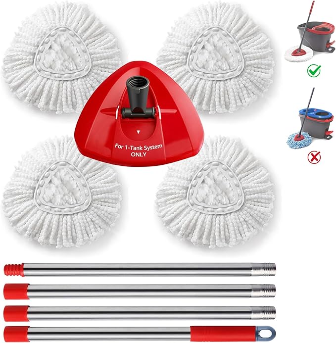 BonusLife Replacement Part Set for Oceda EasyWring Spin Mop 1-Tank System Only, 1 Handle, 1 Base, 4 Refills