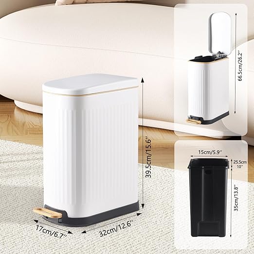 Slim Bathroom Trash Can with Soft Close Lid Stainless Steel Garbage Can Step Trash Bin with Removable Inner Bucket for Bedroom, Office, Kitchen (Matt White, 3.5 Gallons)
