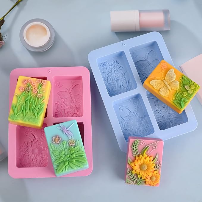 Moukiween Soap Molds Silicone, 3D Rectangular Insect Flower Silicone Molds for Handmade Craft Soap, Bath Bombs, Chocolate Bars, DIY Candle, Polymer Clay Design