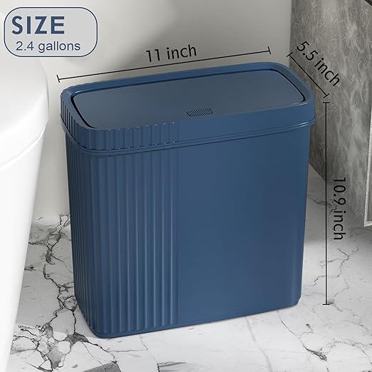 UUJOLY Small Bathroom Trash Can with Lid Slim Wastebasket Garbage Can Plastic Container Basket Trash Bin for Kitchen, Laundry Room, Office, Kids Room, Dorm, Navy Blue, 2.4 Gallon, 2 Pack