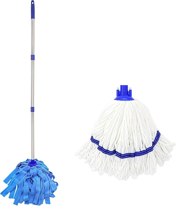 One Mop Handle With Two Microfiber Heads (1 Handle & 2 Heads) Blue