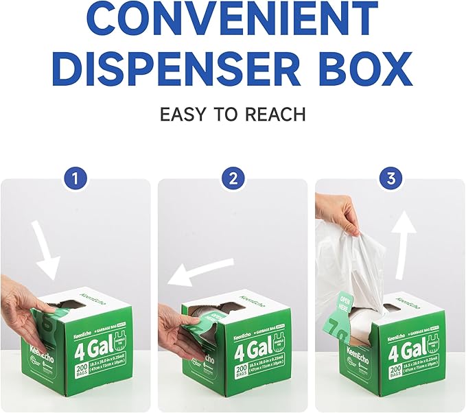 Small Trash Bags with Handles 4 Gallon 200 Count White - Ocean Plastic Upcycling - Plastic Garbage Bags, Can Bin & Waste Basket Liner for Kitchen, Bathroom, Office and Pets