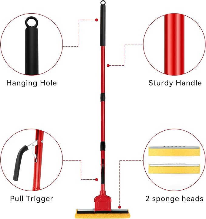 Compressed Cellulose Sponge Mop with 2 Roller swop mop Heads and 1 Bucket Suitable for Wood, Ceramic Tiles and Other Flat and Smooth Floors(1 Handle with 2heads and 1 Bucket)
