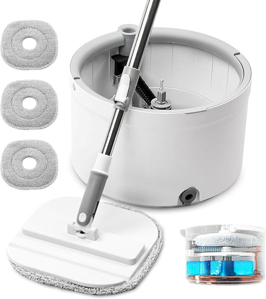 Spin Mop and Bucket with Wringer Set, 360° Spinning Mop Bucket with Separate Dirty and Clean Water System with 3 Microfiber Mop Pads and 52" Stainless Steel Adjustable Handle for Floor Wall Cleaning