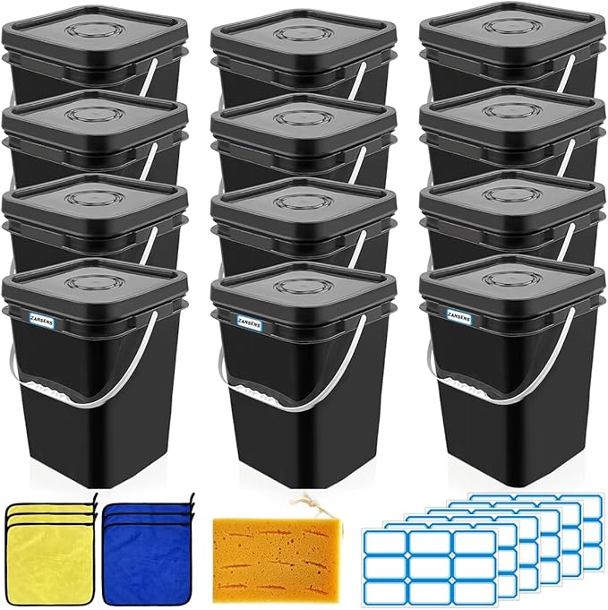 12 Pcs 5 Gallon Paint Bucket with Lid,Thickened Square Plastic Bucket Food Storage Container Industrial Buckets (with DIY Label Sticker Towel and Brush) for Paint Storage Barrels Garage Garden