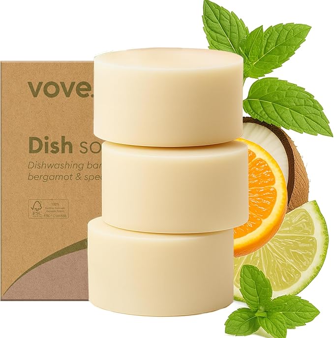 Vove Dish Soap Bar 3 Pack, Coastal Citrus Mint, Mandarin, Spearmint, Cypress & Bergamot Oils, Coconut Cleanser, Plant-Based Solid Dish Soap, Zero-Waste, Plastic-Free, FSC-Certified Kraft Packaging