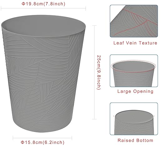 1.8 Gallons Small Trash Can, Decorative Wastebasket, Modern Leaf Pattern Design, Polypropylene Trash Can for Bathroom, Bedroom, Office (2, Grey)