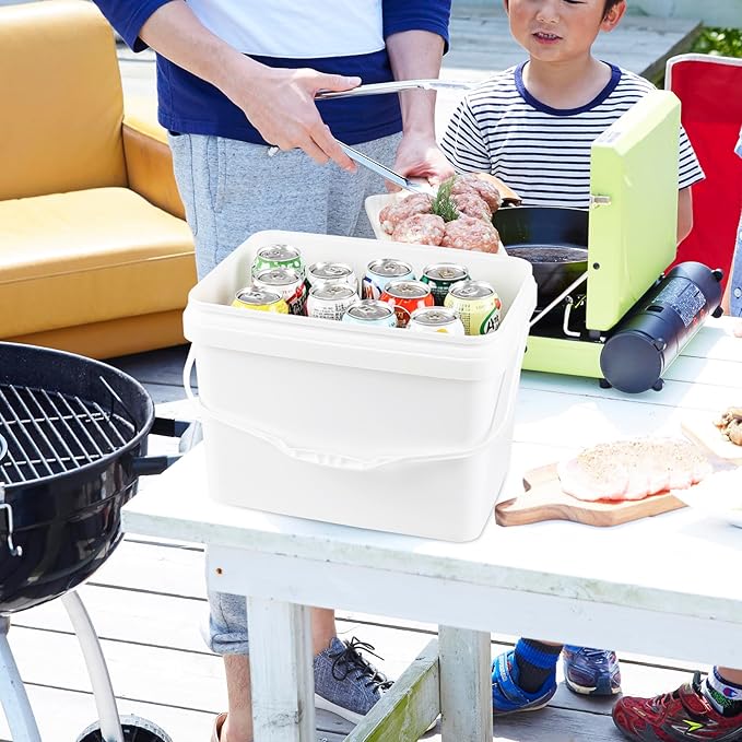 Kekow 5 Gallon White Square Food Plastic Bucket with Lid, 4 Pcs Utility Plastic Rectangular Bucket Pail with Lid and Handle